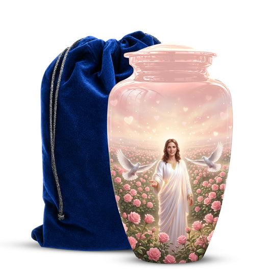 Jesus Christ And Roses Cremation Urn - Dove Memorial Urn For Ashes