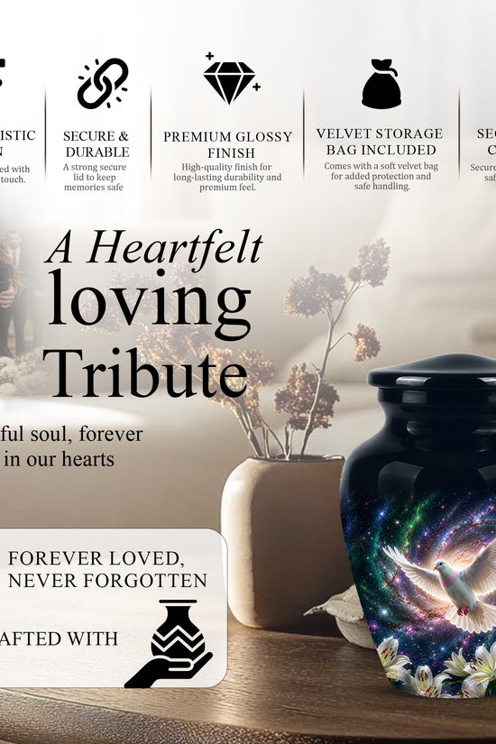 White Flying Dove Cremation Urn - Personalized Black Memorial Urns