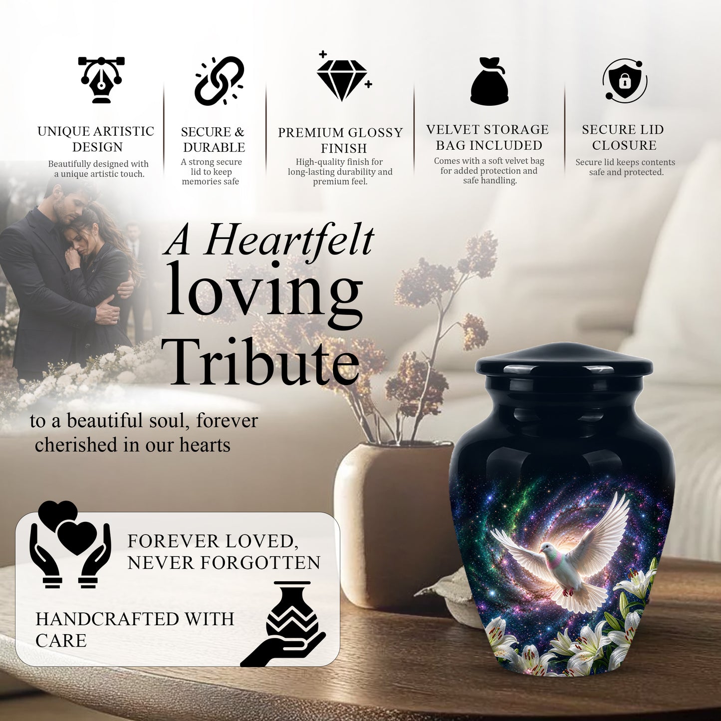 White Flying Dove Cremation Urn - Personalized Black Memorial Urns