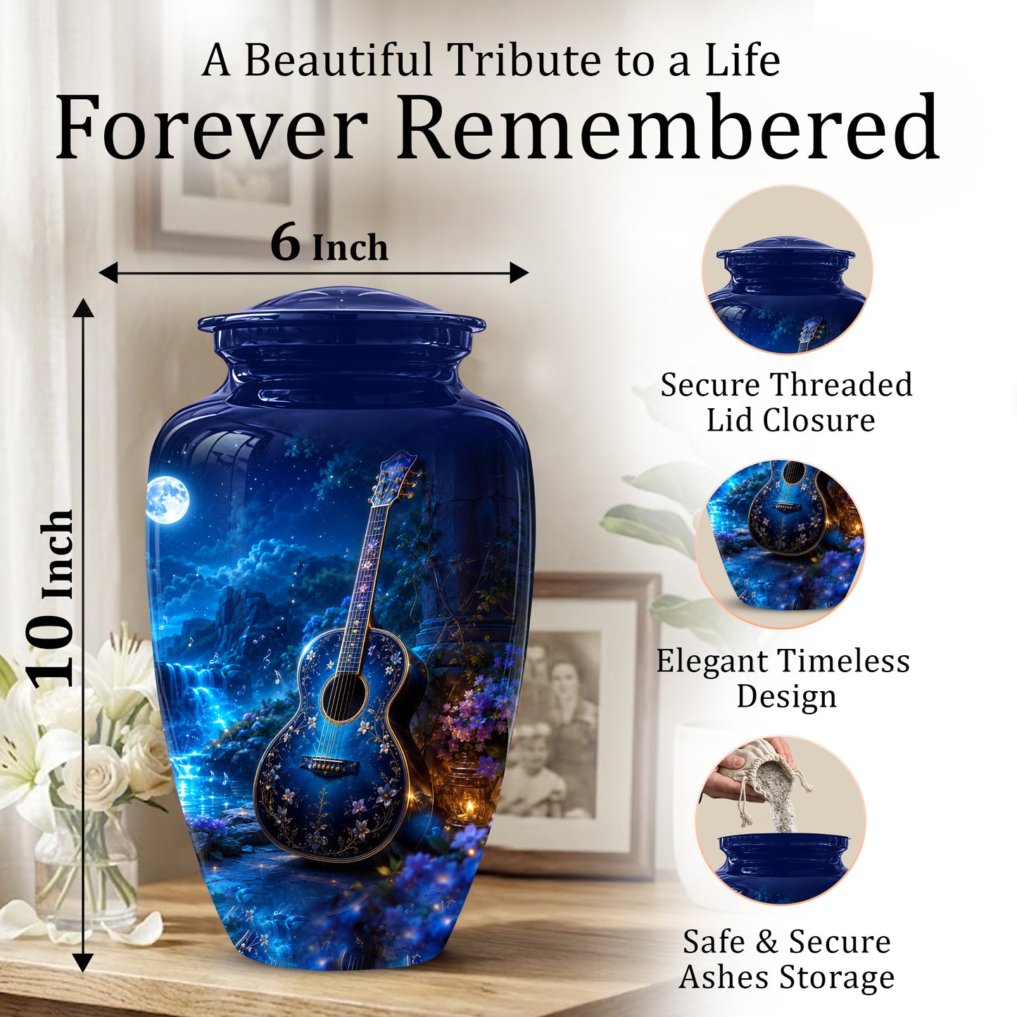 Blue Guitar Moonlight Urn - Beautiful Artistic Urns For Music Lovers