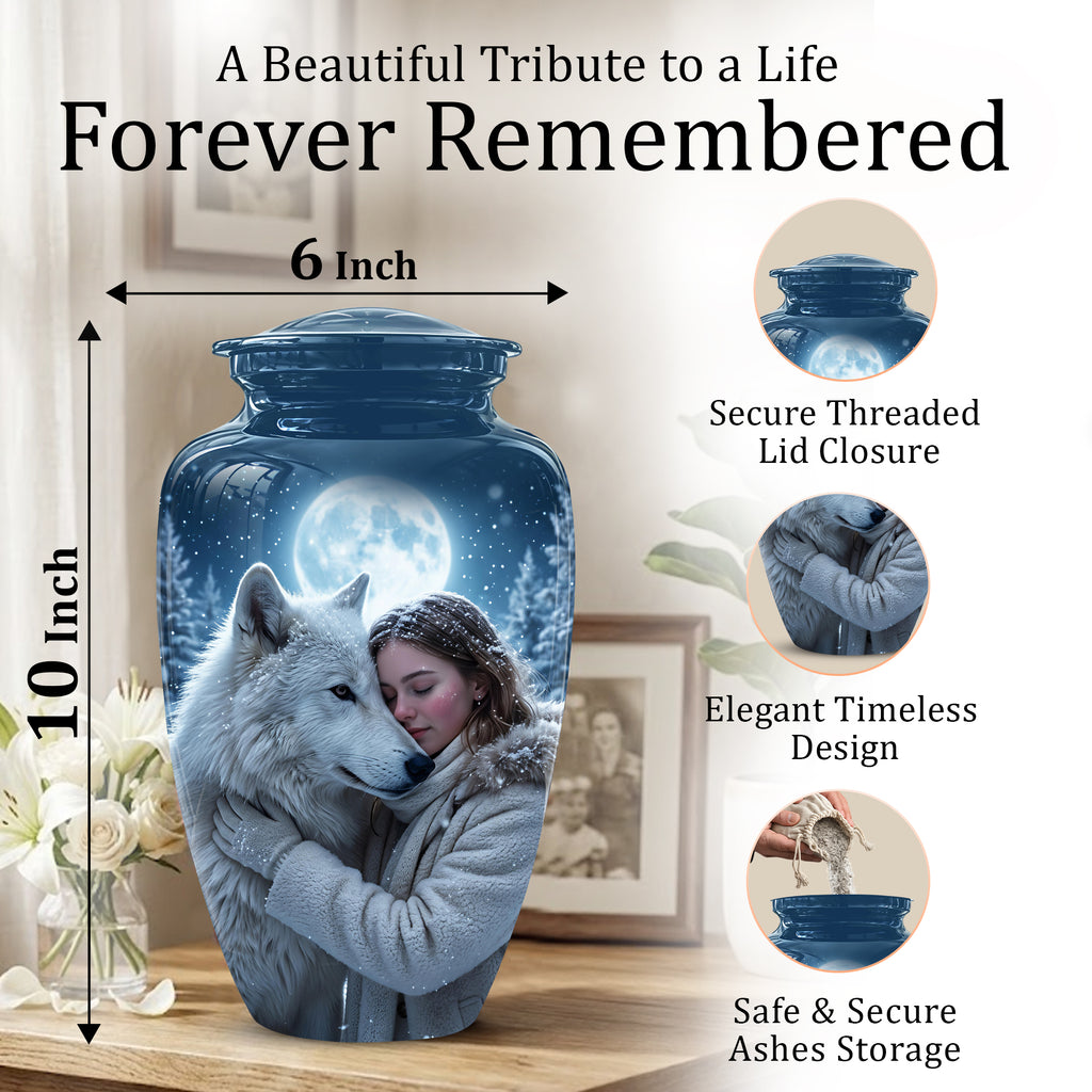 Moonlit White Wolf Cremation Urn for Ashes | Personalized Memorial