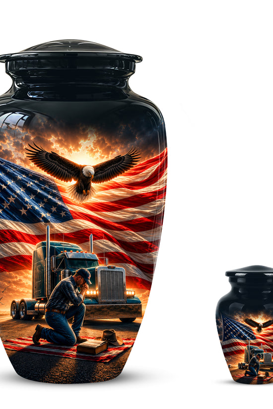 Personalized Patriotic Truck Driver Funeral Urn with American Flag Design