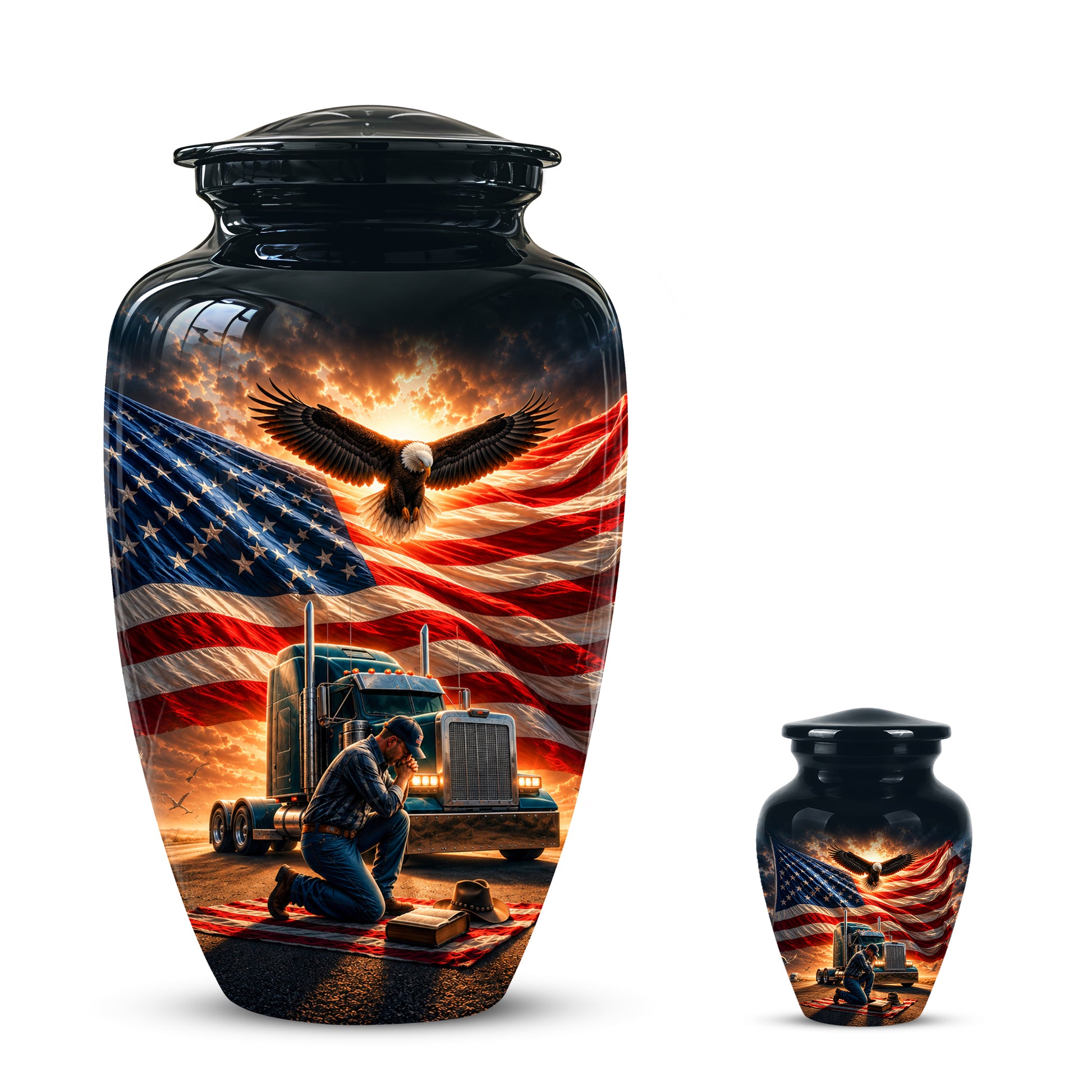 Personalized Patriotic Truck Driver Funeral Urn with American Flag Design
