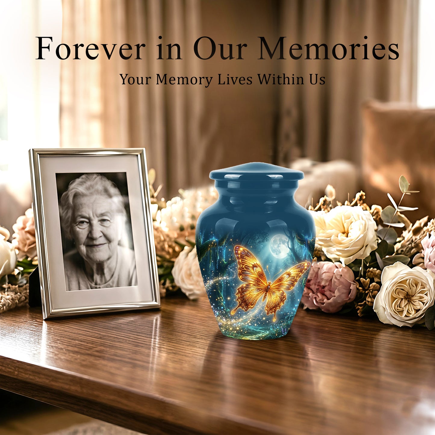 Glowing Yellow Butterfly Themed Urn - Moonlight Memorial Urns For Ashes