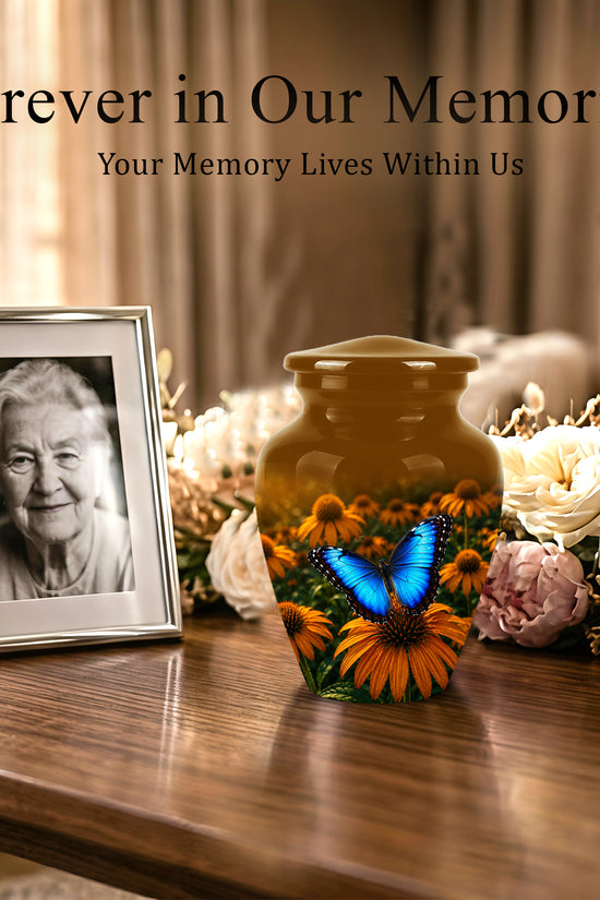 Blue Butterfly On Flower Cremation Urn - Personalized Urns For Mom Ashes