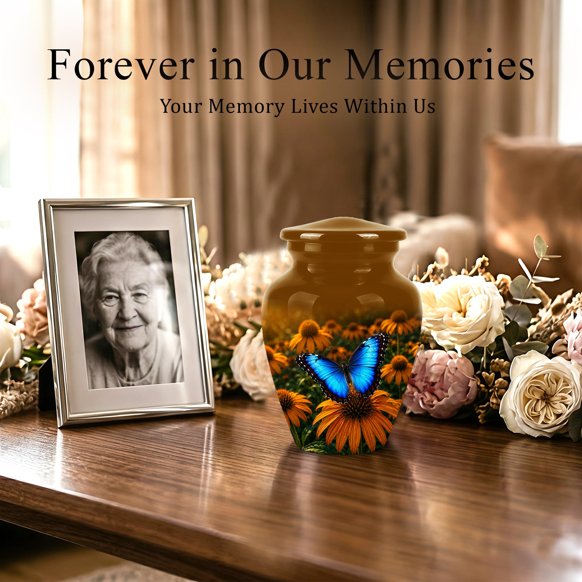 Blue Butterfly On Flower Cremation Urn - Personalized Urns For Mom Ashes