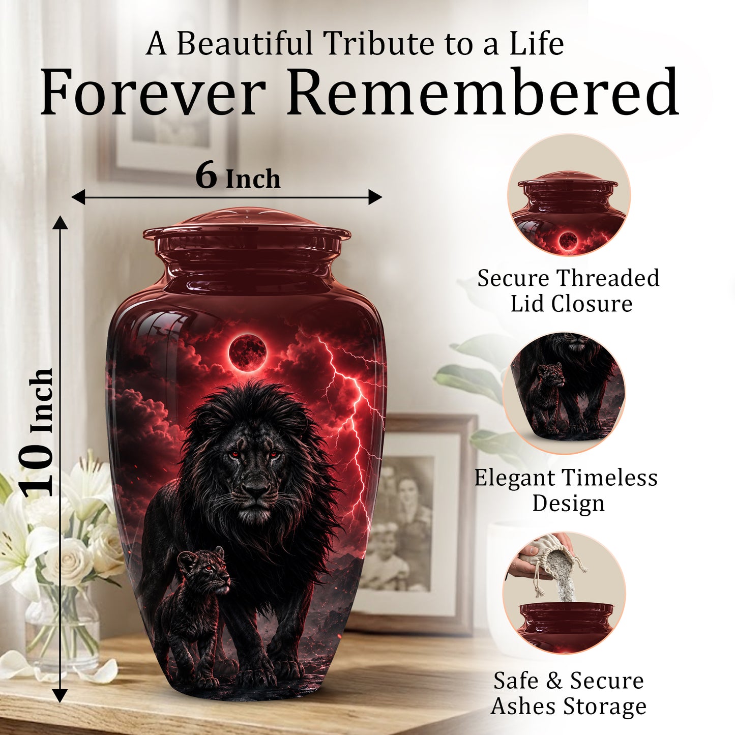 Lion With Cub Urn - Handcrafted Personalized Lion Burial Urn For Ashes
