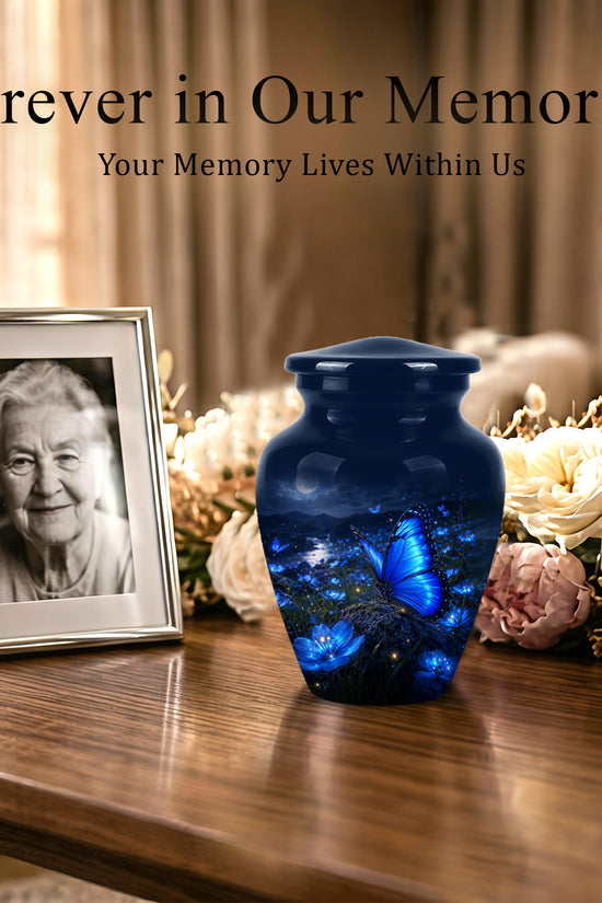 Personalized Blue Butterfly Cremation Urn - Handcrafted Urns For Women