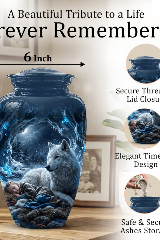 White Wolf With Girl Urn - Custom Memorial Urns For Men & Women Ashes