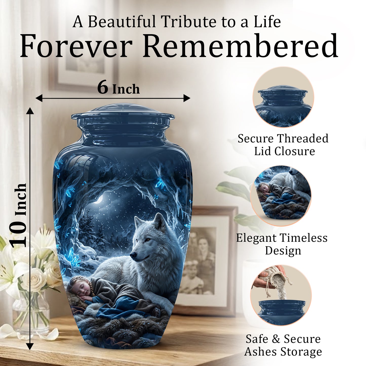 White Wolf With Girl Urn - Custom Memorial Urns For Men & Women Ashes