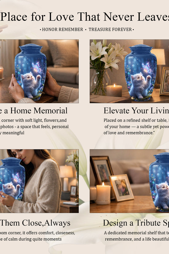 White Cat With Majestic Butterfly - Blue Cremation Urns For Human Ashes