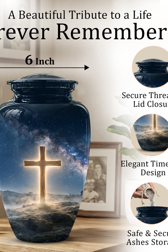 Jesus Cross In Night Sky Urn - Artistic Funeral Memorial Urns For Human Ashes