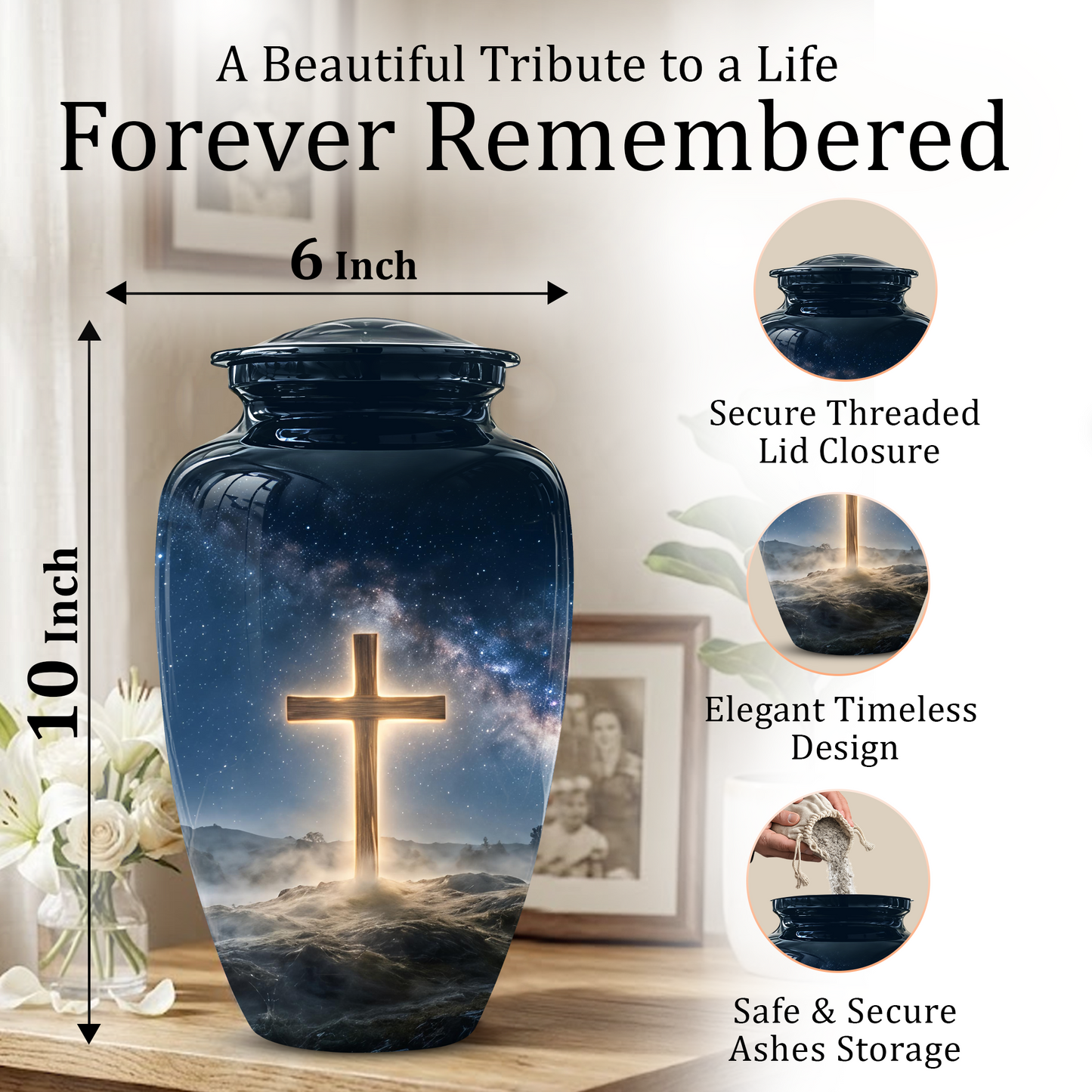 Jesus Cross In Night Sky Urn - Artistic Funeral Memorial Urns For Human Ashes