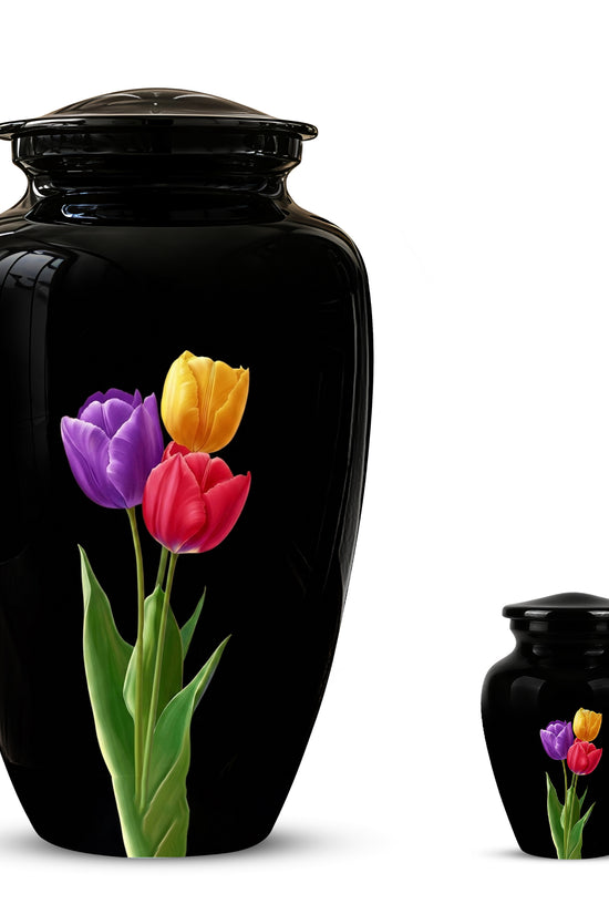 Colorful Tulips Flower Cremation Urn - Personalized Black Urns On Sale