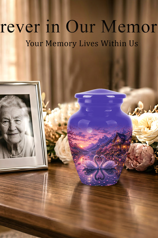 Couple Swan Cremation Urn - Purple Memorial Urns For Loved Ones Ashes
