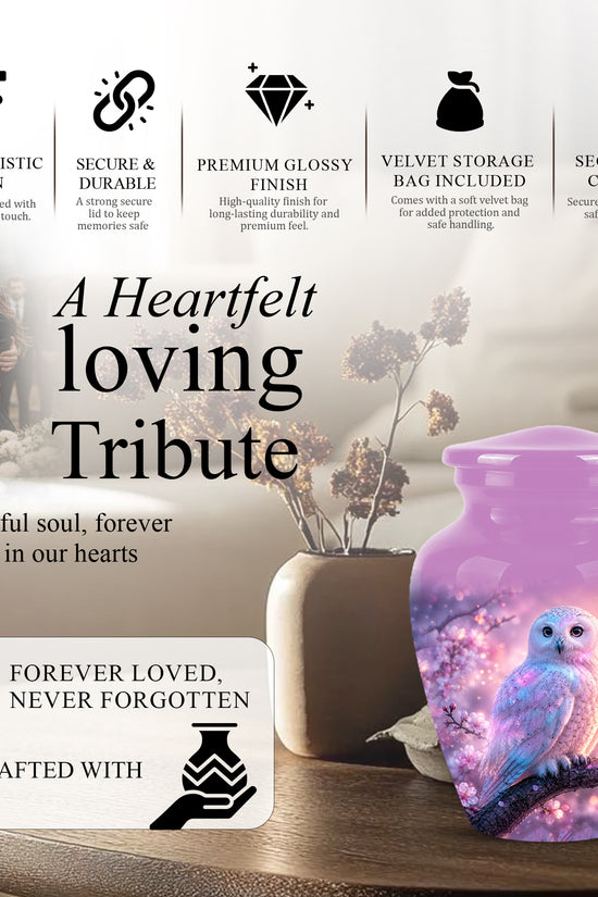 White Owl Cremation Urn - Beautiful Pink Memorial Urns For Human Ashes