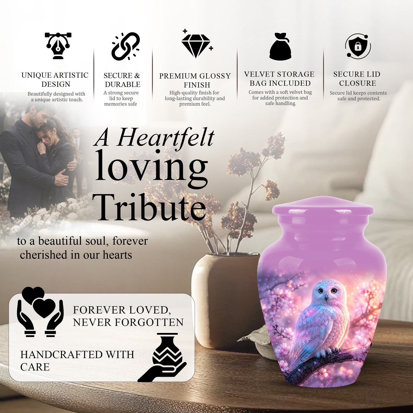 White Owl Cremation Urn - Beautiful Pink Memorial Urns For Human Ashes