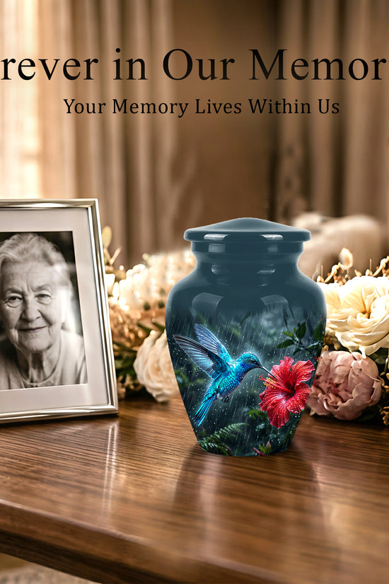 Blue Hummingbird With Red Flower - Personalized Memorial Urns For Ashes