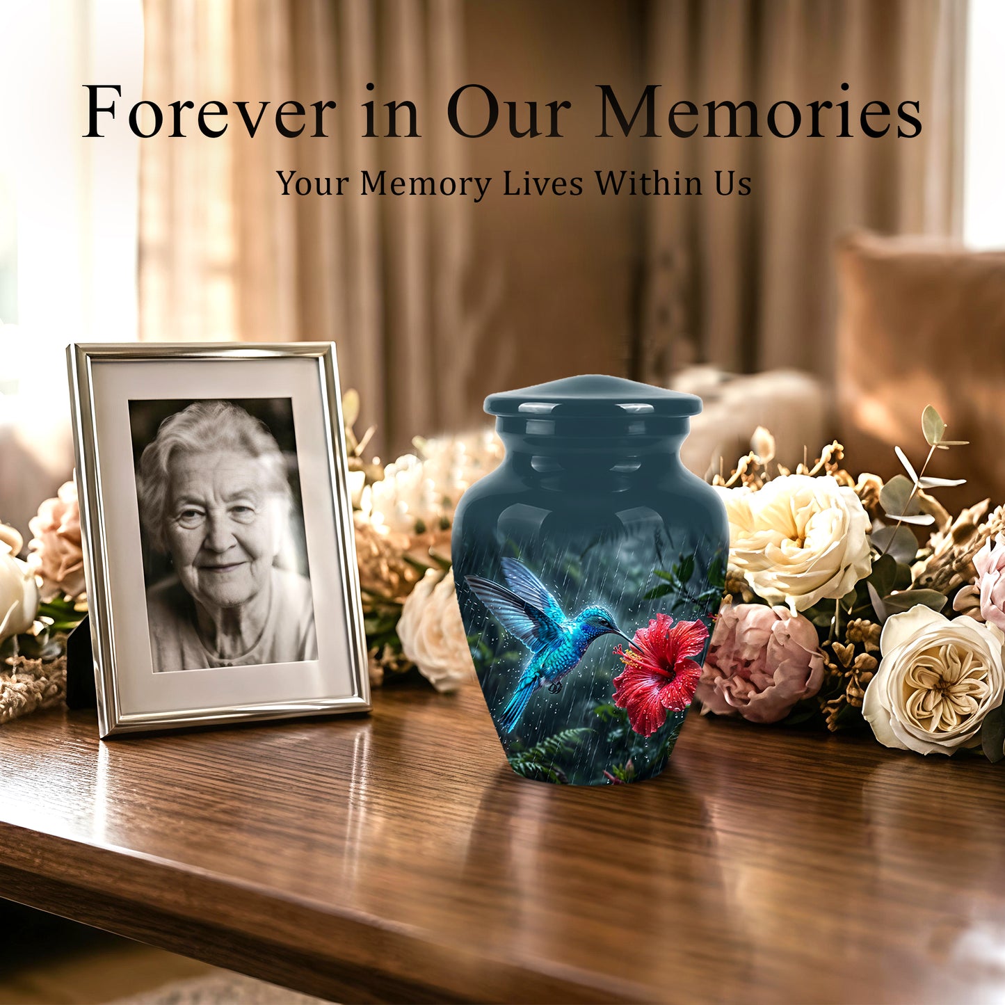 Blue Hummingbird With Red Flower - Personalized Memorial Urns For Ashes