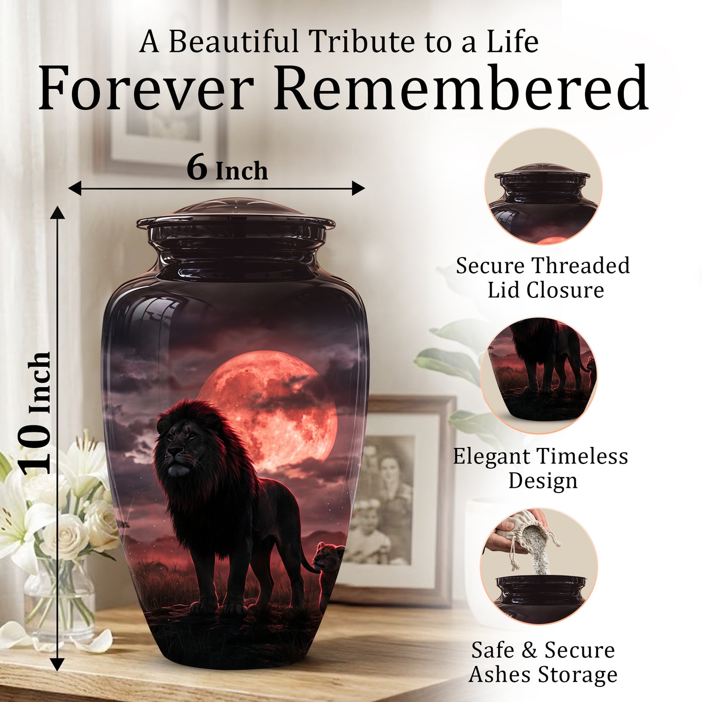 Lion Themed Cremation Urns - Blood Moon Scenic Urns For Loved Ones