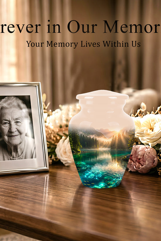 Serene Mountain Lake Cremation Urn- Custom Memorial Art Urns For Ashes