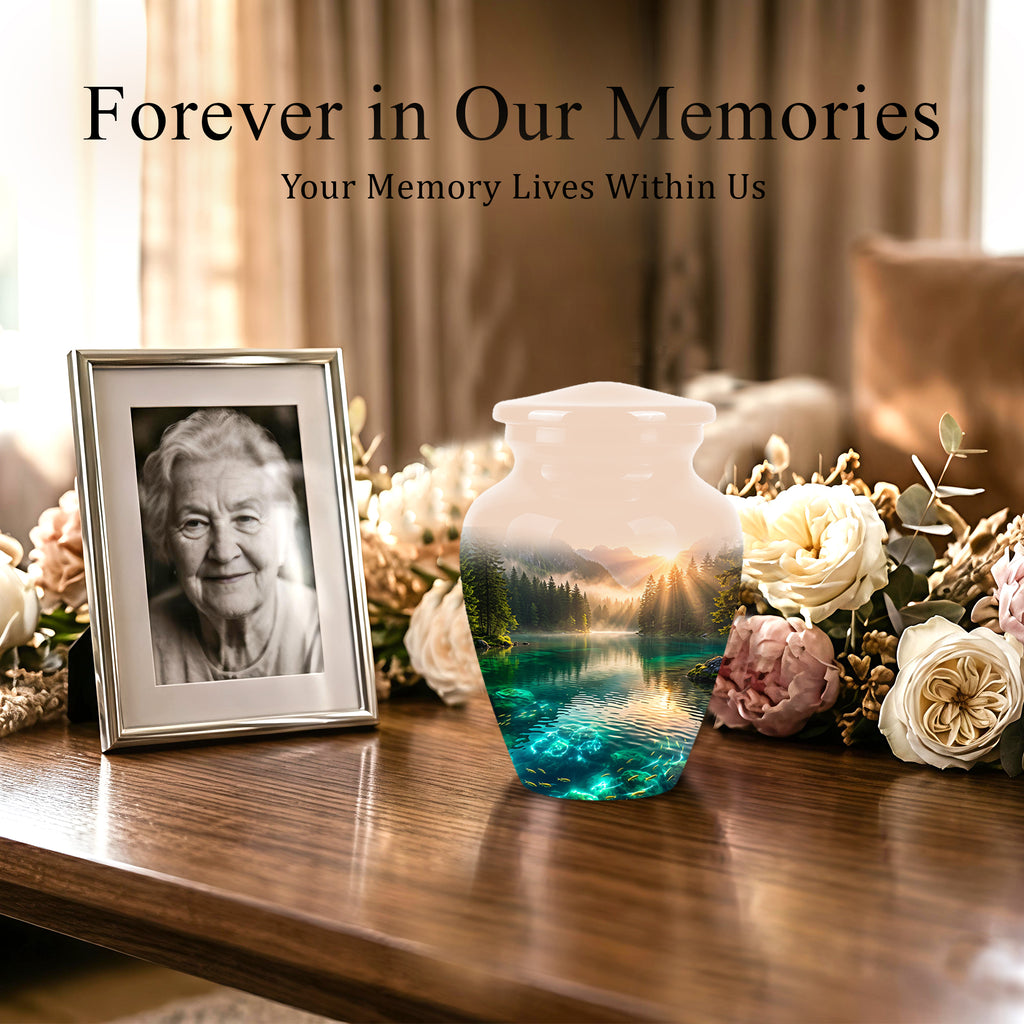 Serene Mountain Lake Cremation Urn- Custom Memorial Art Urns For Ashes