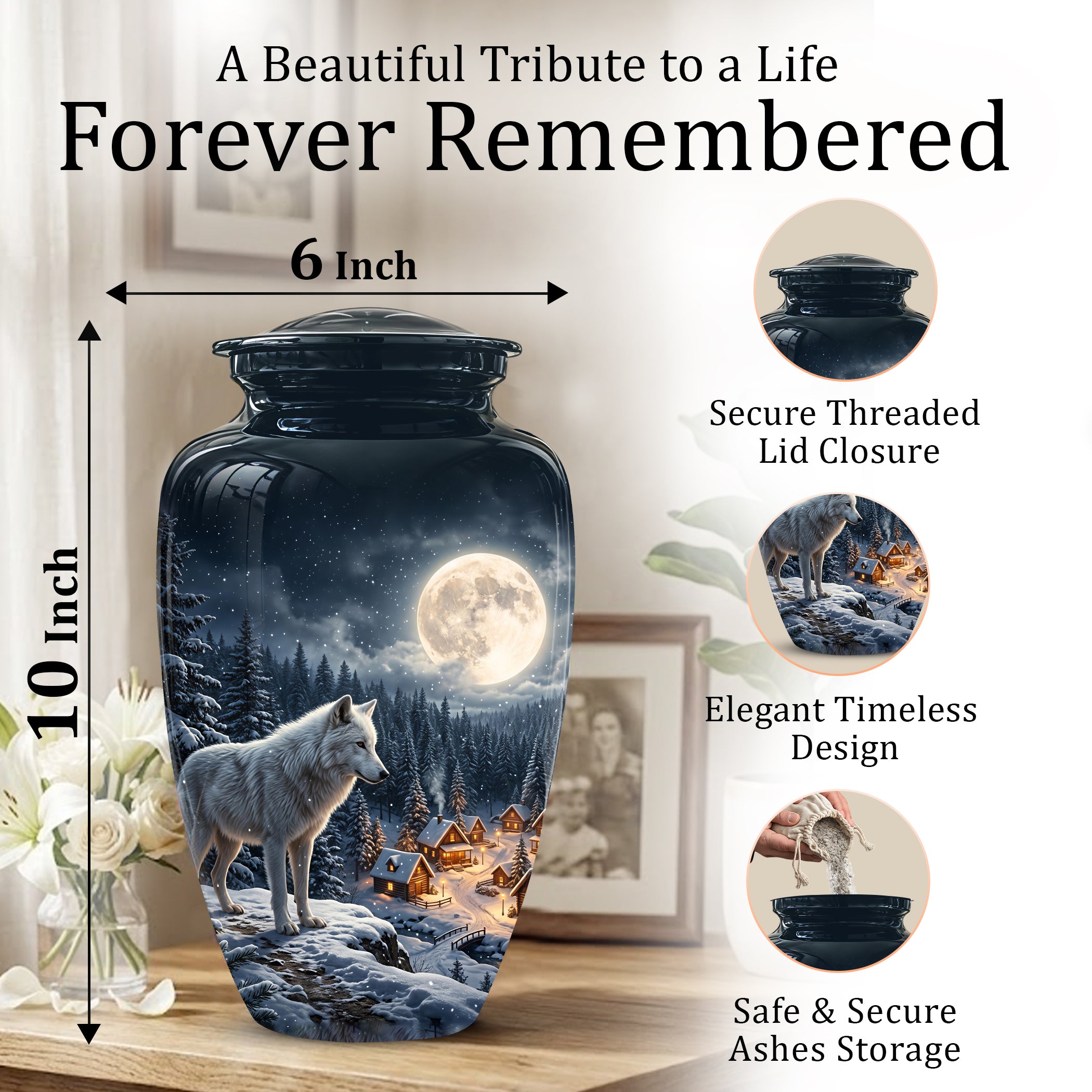 Moonlit Wolf Urn for Ashes - Custom Memorial Urn For Human Ashes