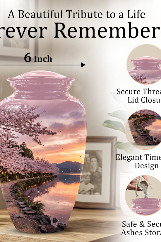Pink Spring Tree Cremation Urns - Beautiful Nature Sunset Burial Urns