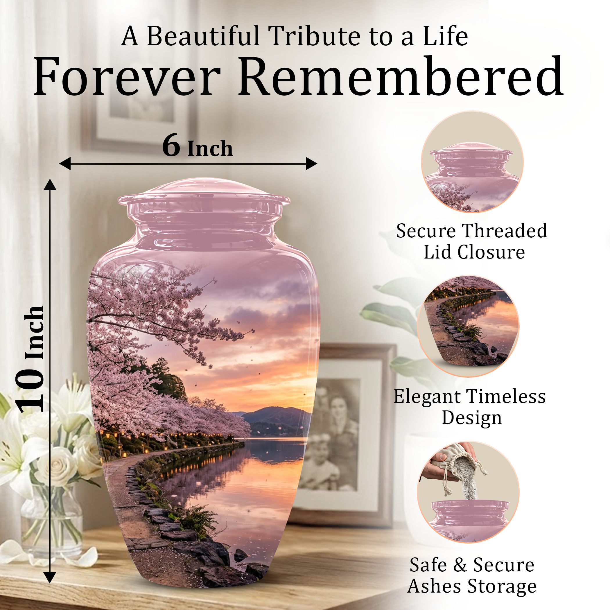 Pink Spring Tree Cremation Urns - Beautiful Nature Sunset Burial Urns