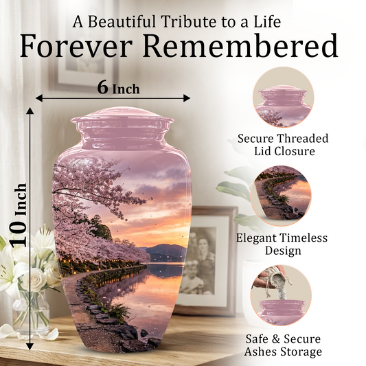 Pink Spring Tree Cremation Urns - Beautiful Nature Sunset Burial Urns