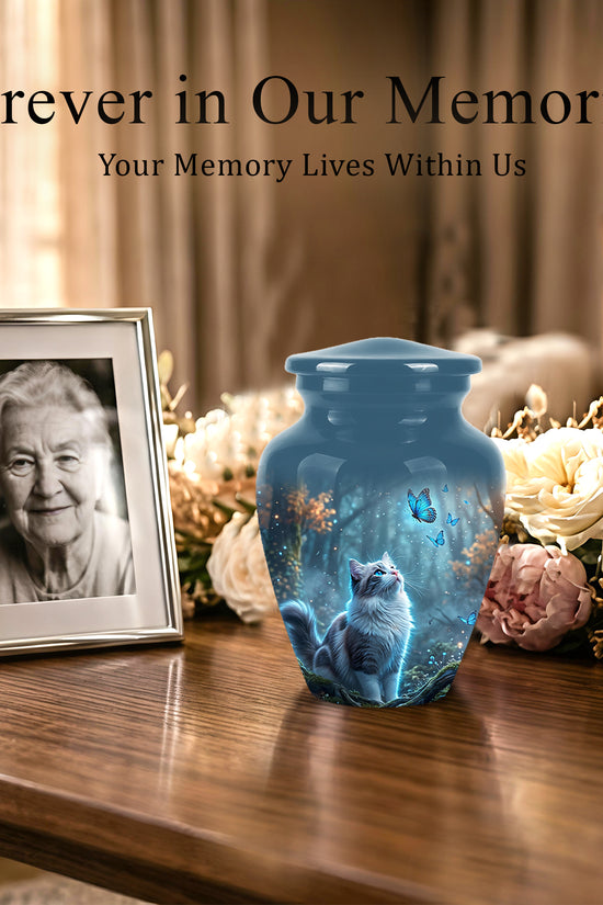 White Cat With Flying Butterfly - Custom Handcrafted Urns For Humans