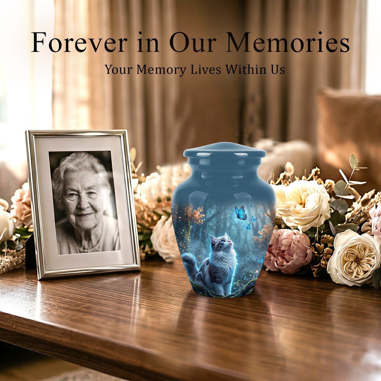 White Cat With Flying Butterfly - Custom Handcrafted Urns For Humans