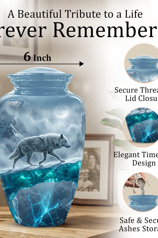 White Wolf In Snow Themed Urn - Classic Custom Urns For Human Ashes