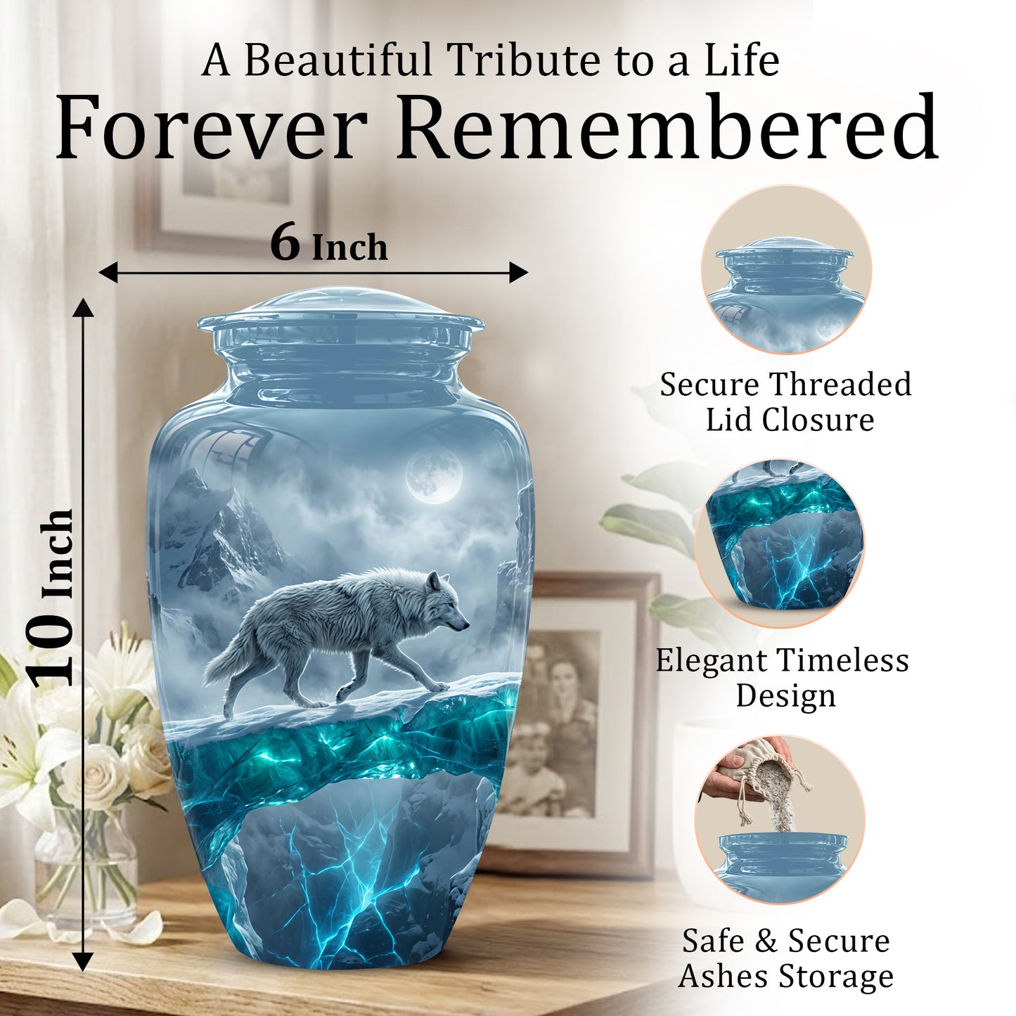 White Wolf In Snow Themed Urn - Classic Custom Urns For Human Ashes