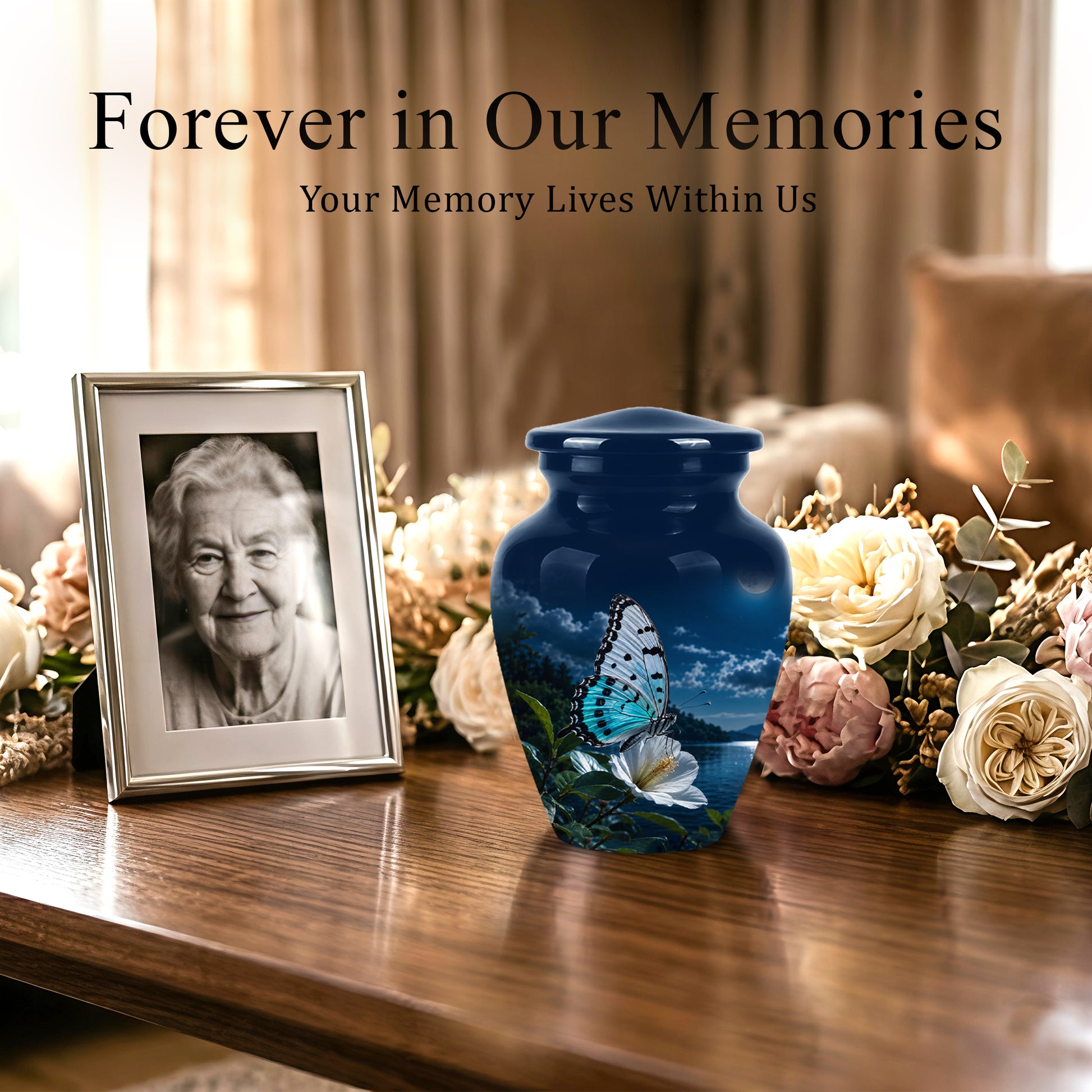 Colorful Butterfly On Flower Urn For Mom - Moonlight Memorial Urns