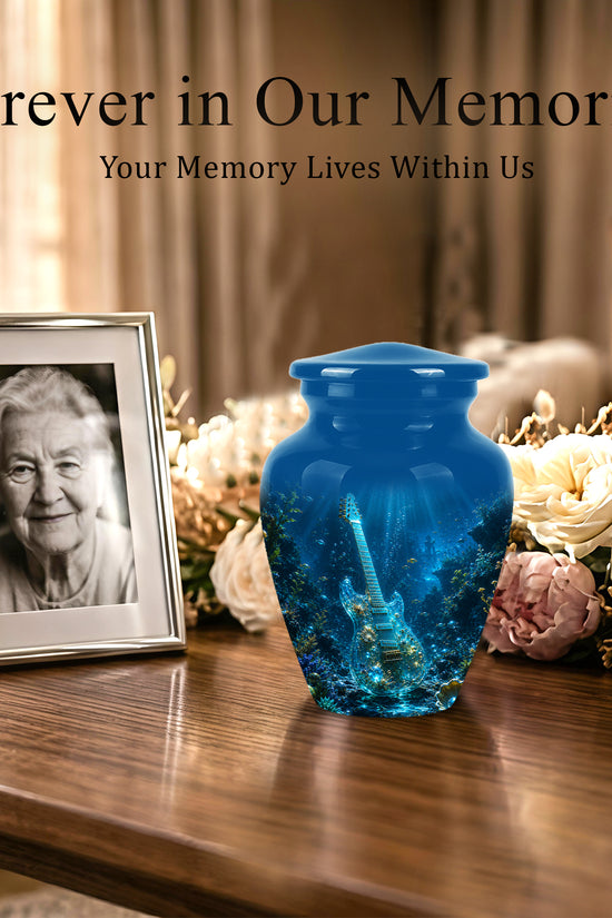 Underwater Guitar Themed Urn -Peaceful Memorial Tribute Urns For Ashes