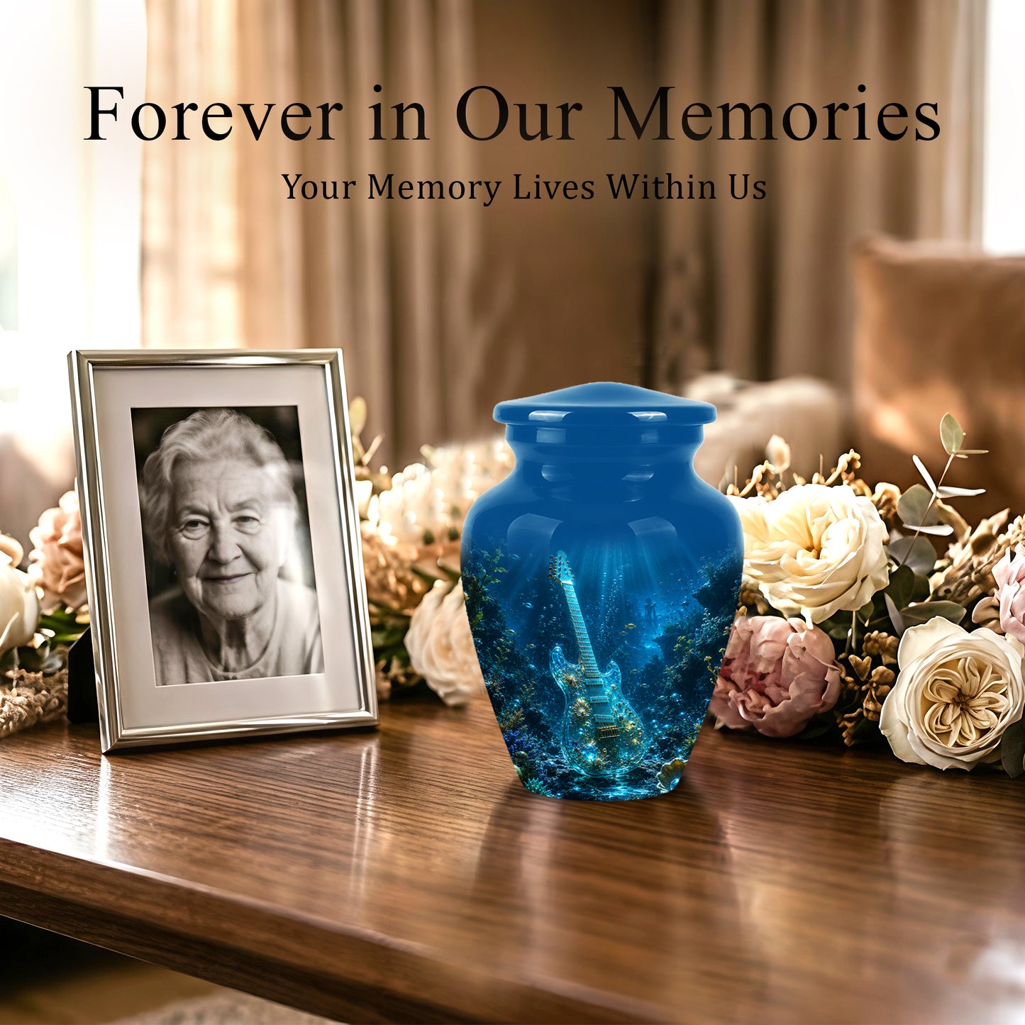 Underwater Guitar Themed Urn -Peaceful Memorial Tribute Urns For Ashes