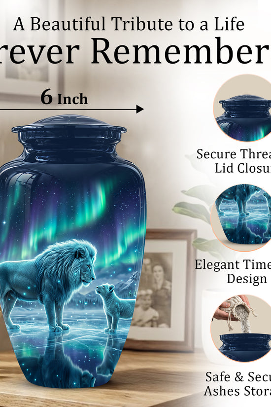 Lion & Cub Aurora Borealis Urn - Personalized Lion Urns For Human Ashes