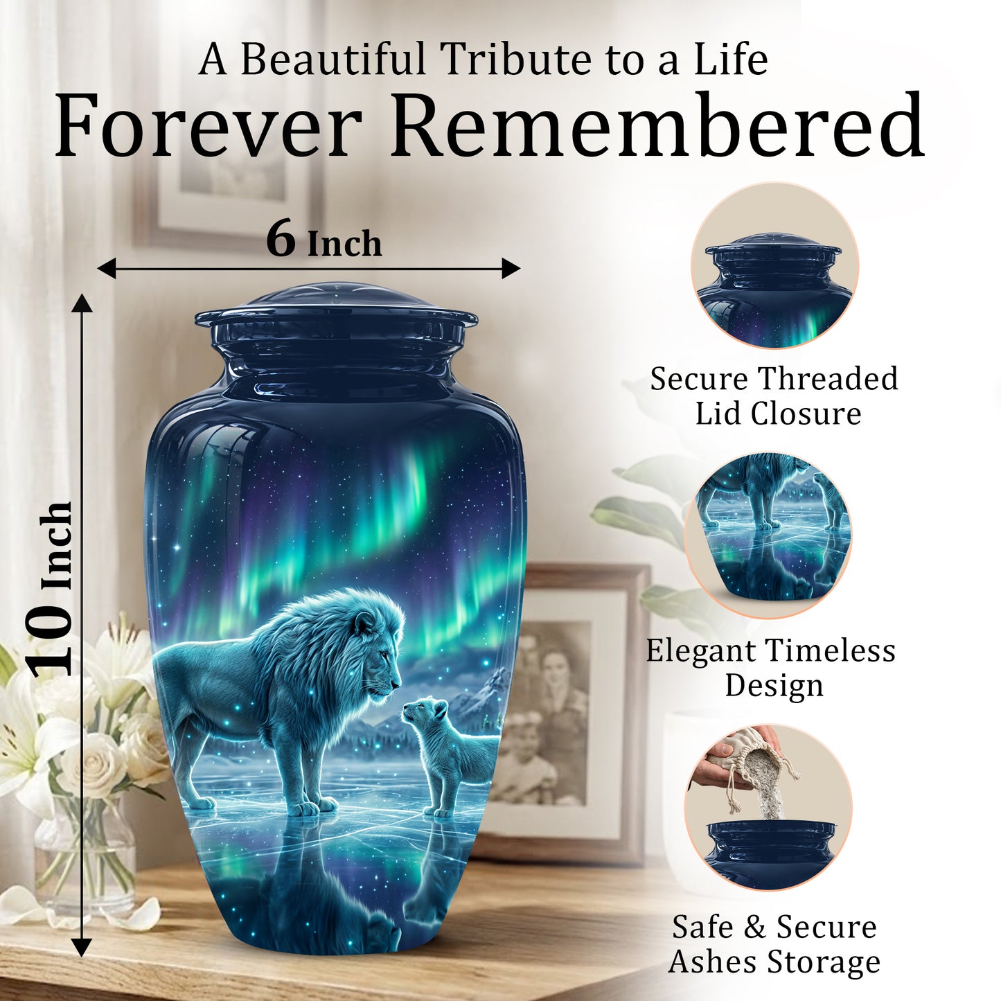 Lion & Cub Aurora Borealis Urn - Personalized Lion Urns For Human Ashes