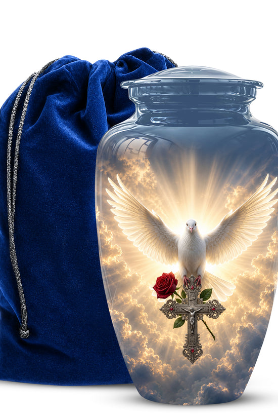 White Dove Bird With Rose - Blue Memorial Urns For Human Ashes