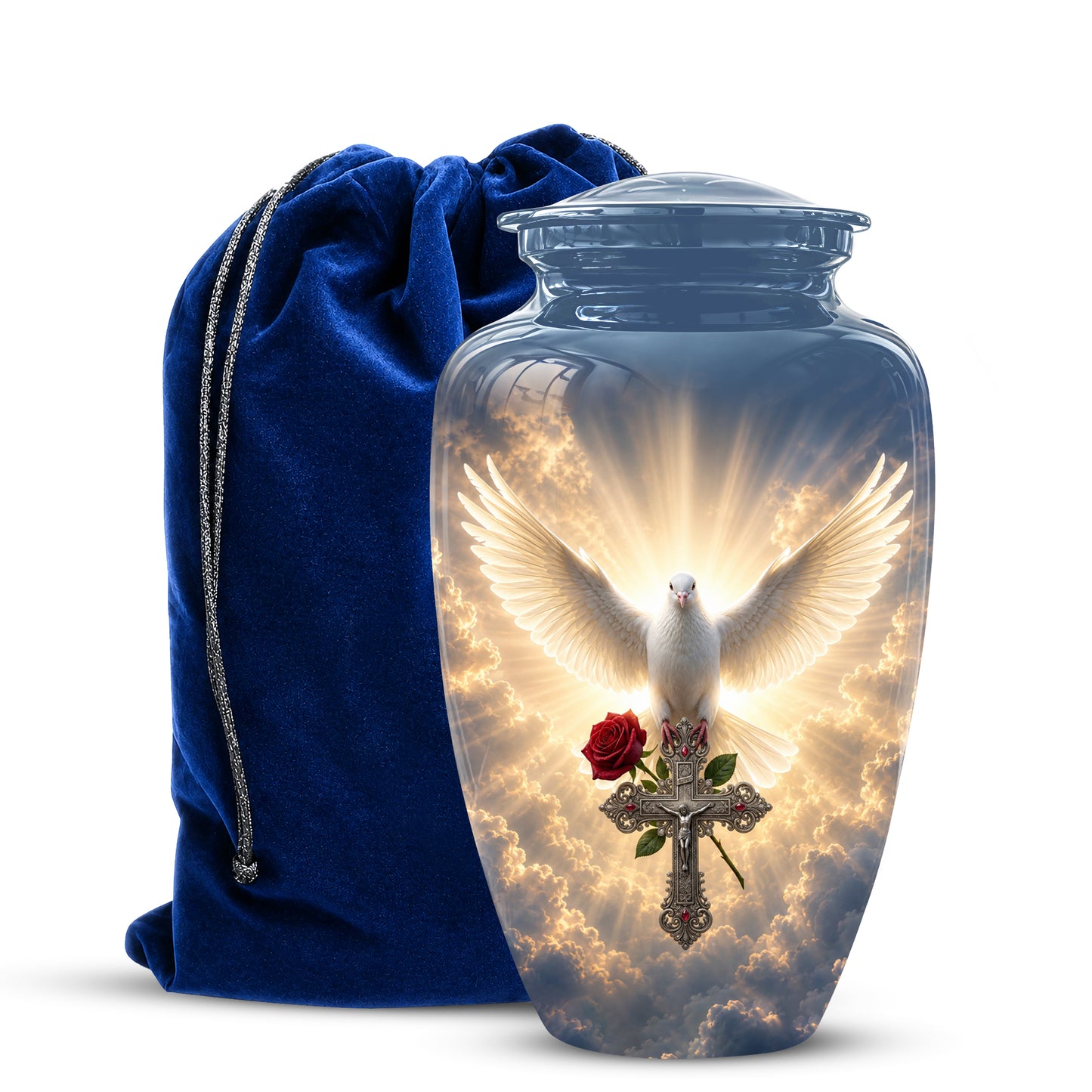 White Dove Bird With Rose - Blue Memorial Urns For Human Ashes