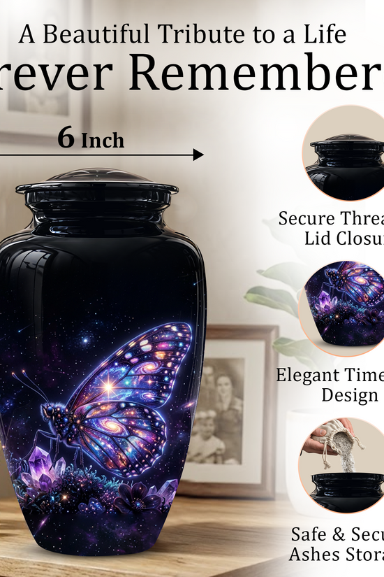 Purple Butterfly Cremation Urn - Beautiful Black Urns For Human Ashes