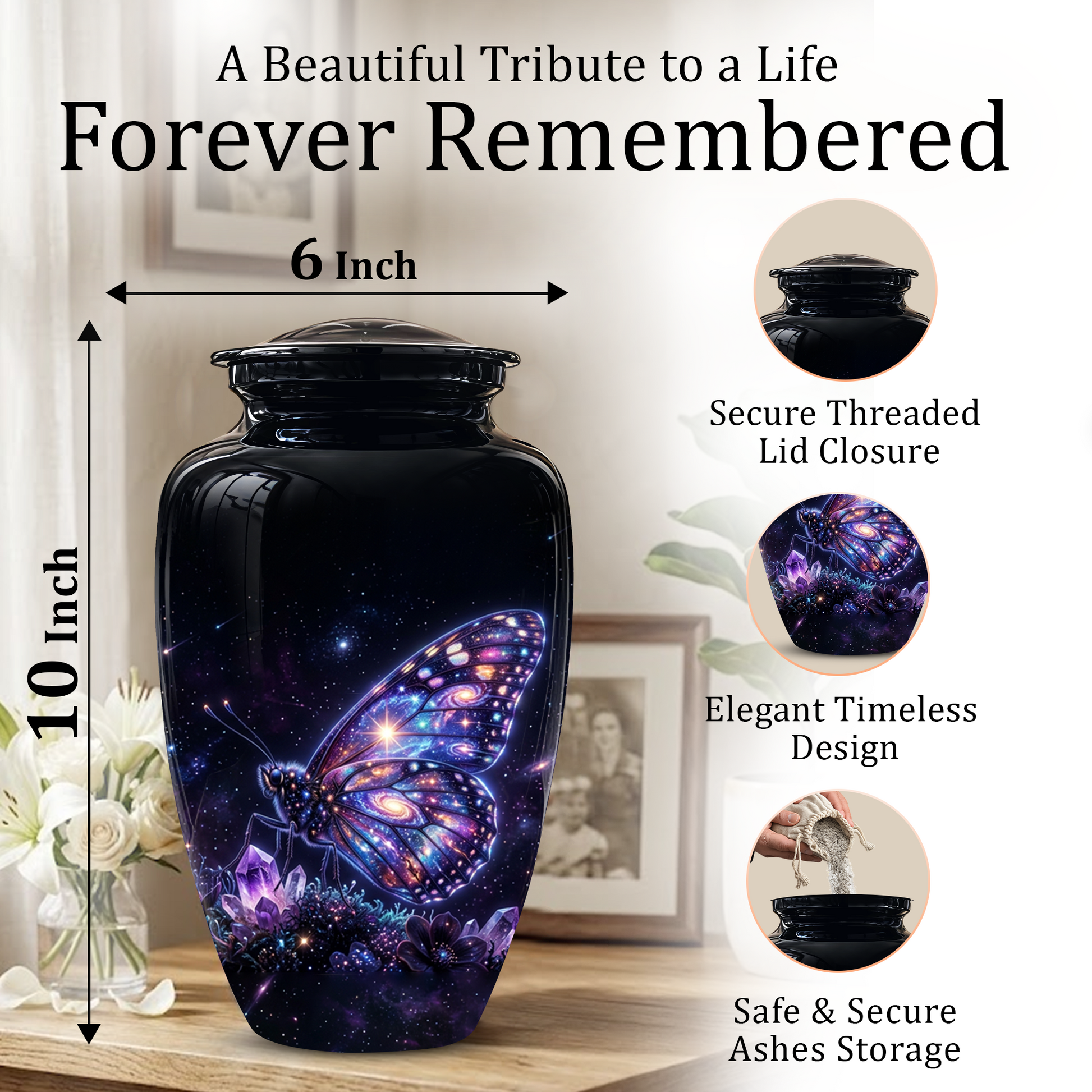 Purple Butterfly Cremation Urn - Beautiful Black Urns For Human Ashes