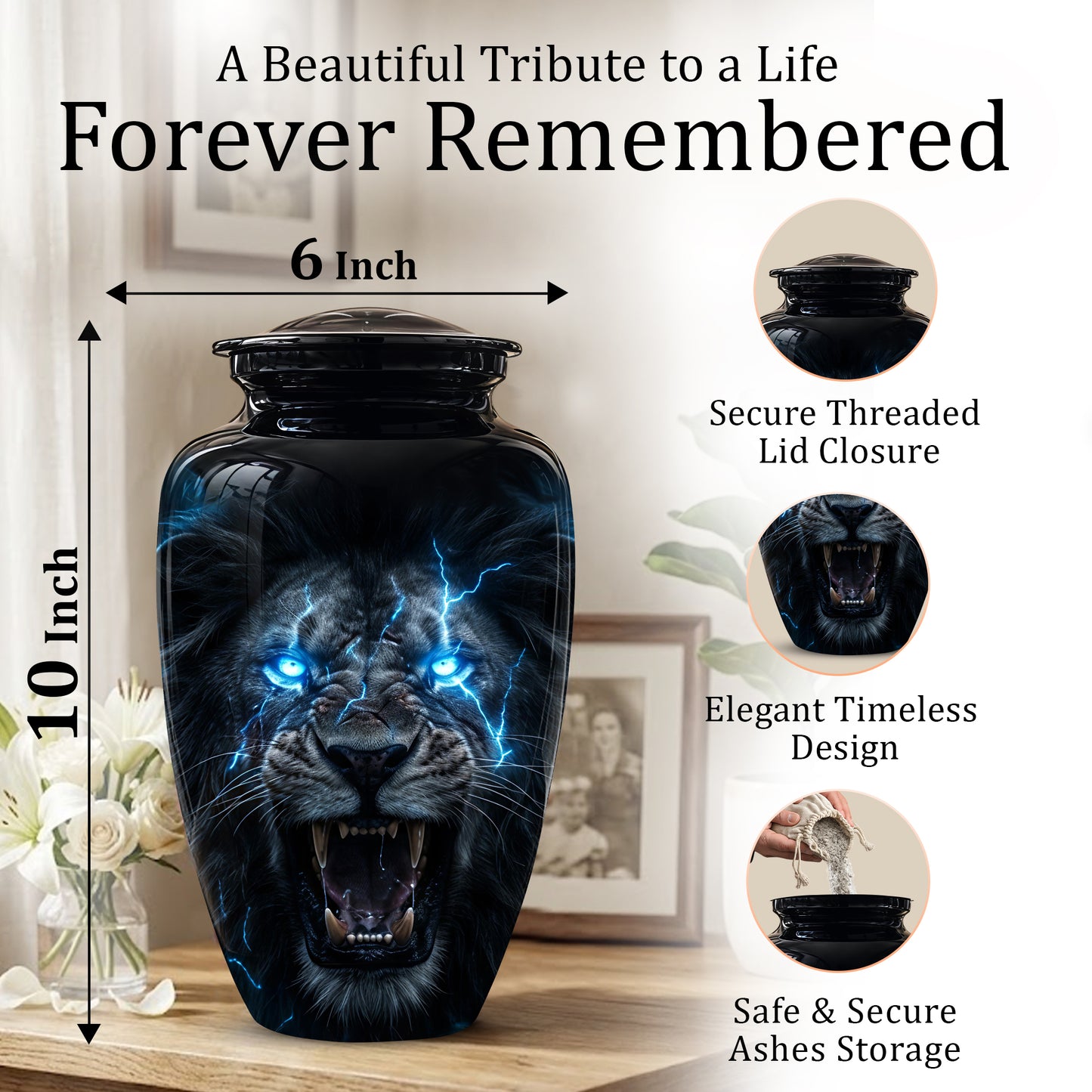 Black Lion Memorial Urns - Custom Handmade Burial Urns For Human Ashes