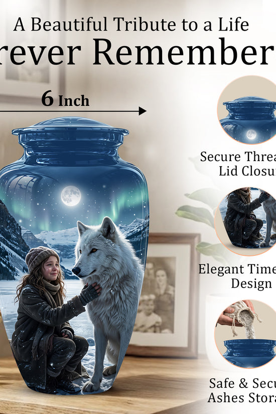Snowy Moonlit White Wolf Urn for Ashes | Custom Memorial Urn