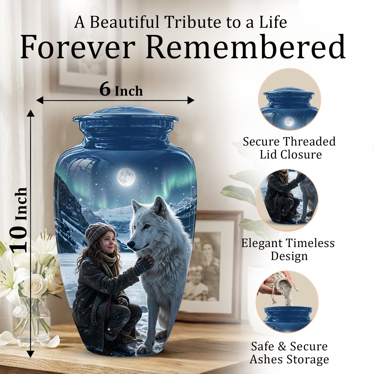 Snowy Moonlit White Wolf Urn for Ashes | Custom Memorial Urn