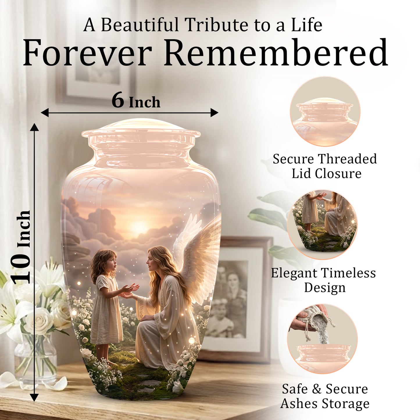 Angel Mom With Girl Child - Beautiful Artistic Custom Urns For Mom Ashes