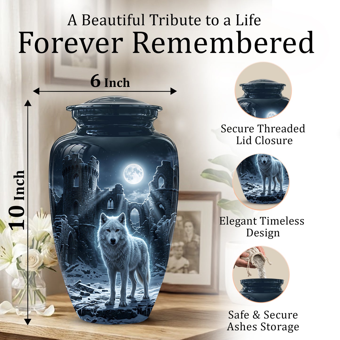 Night Wolf Memorial Urn - Moonlight Funeral Urns For Men & Women Ashes
