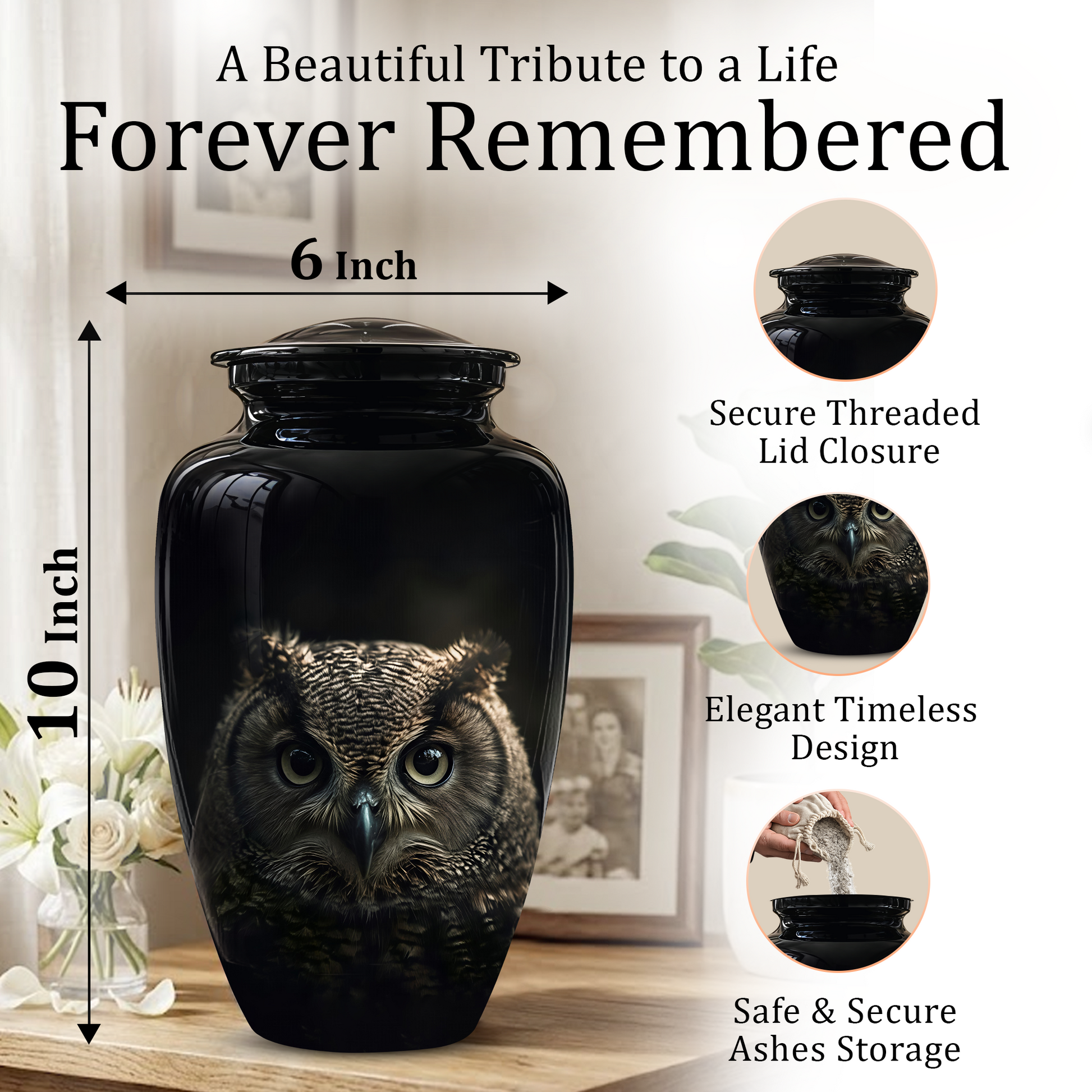 Owl Cremation Urns For Human Ashes - Black Burial Urns For Dad