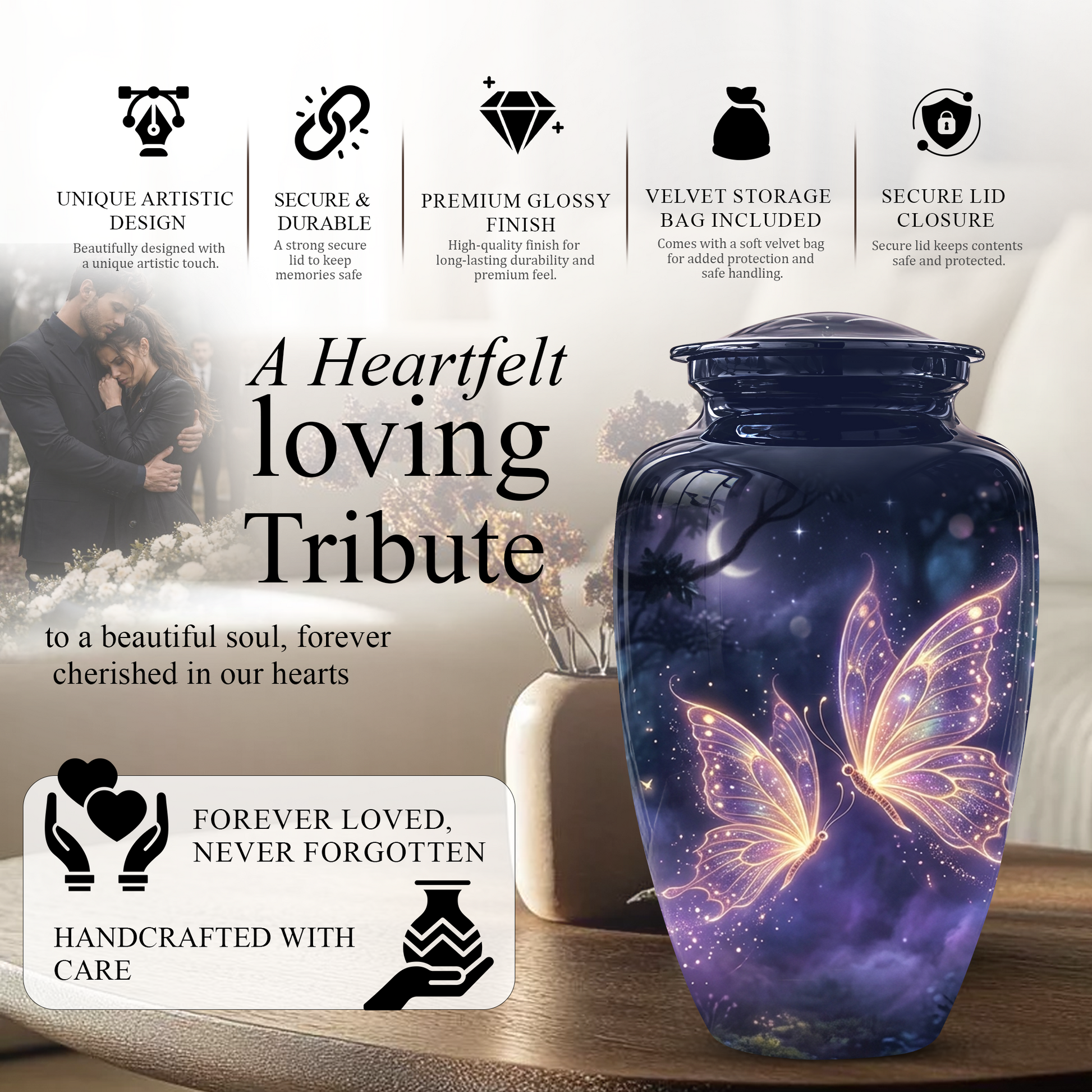Purple Butterfly Cremation Urn - Beautiful Urns for Women Ashes